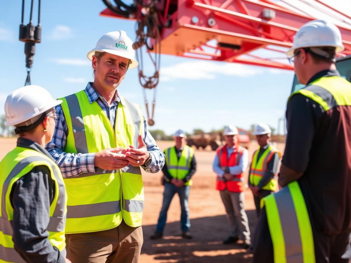 Trainer briefing workers in high-vis beside a mobile crane on a training yard